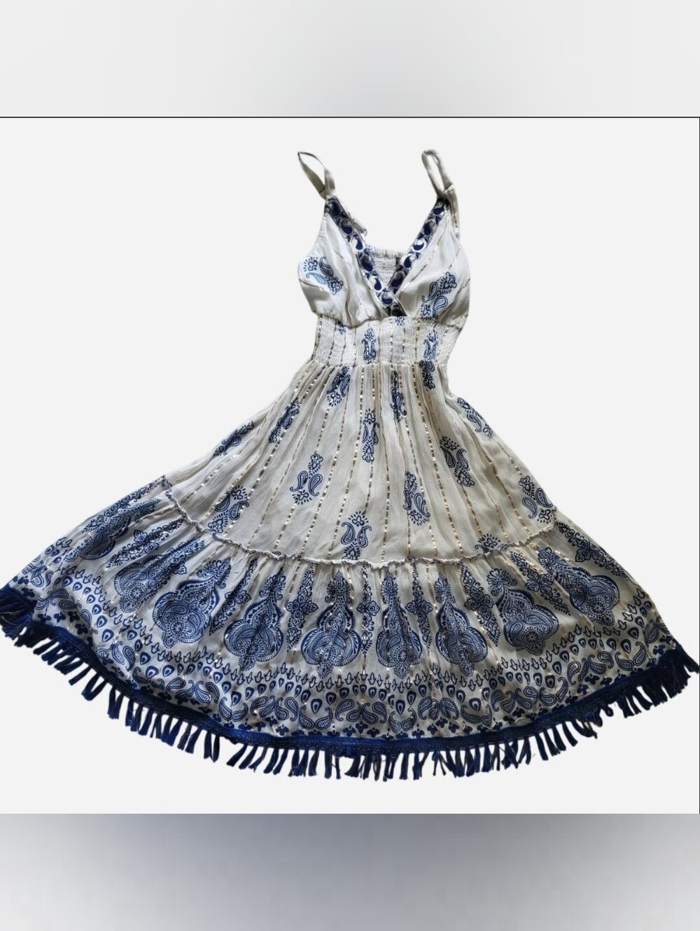 White and Navy Printed Spaghetti Strap Sundress